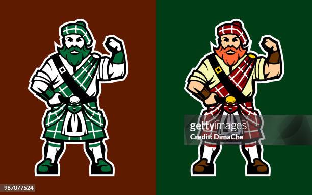 ilustraciones, imágenes clip art, dibujos animados e iconos de stock de highlander escocés en falda escocesa - falda escocesa