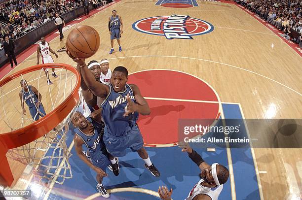 Al Thornton of the Washington Wizards goes to the hoop past Kwame Brown of the Detroit Pistons during the game on March 12, 2010 at The Palace of...