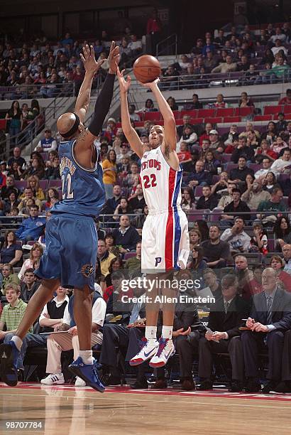 Tayshaun Prince of the Detroit Pistons shoots over James Singleton of the Washington Wizards during the game on March 12, 2010 at The Palace of...