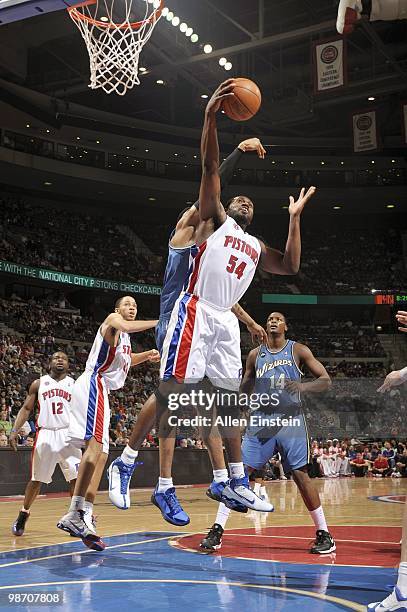 Jason Maxiell of the Detroit Pistons gets a rebound during the game against the Washington Wizards on March 12, 2010 at The Palace of Auburn Hills in...