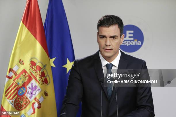 Spain's Prime Minister Pedro Sanchez gives a press conference on the sidelines of an European Union leaders' summit, without Britain, to discuss...