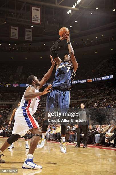 Andray Blatche of the Washington Wizards shoots over Jason Maxiell of the Detroit Pistons during the game on March 12, 2010 at The Palace of Auburn...