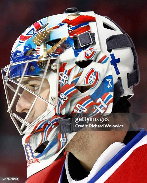 Carey Price of the Montreal Canadiens skates during the warm up period prior to the NHL game against the Buffalo Sabres on April 3, 2010 at the Bell...