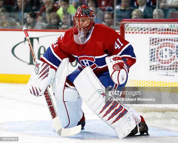 Jaroslav Halak of the Montreal Canadiens watches play during the NHL game against the Buffalo Sabres on April 3, 2010 at the Bell Centre in Montreal,...