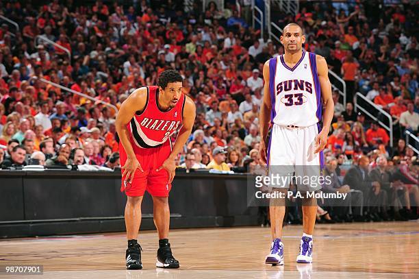 Andre Miller of the Portland Trail Blazers waits on court against Grant Hill of the Phoenix Suns in Game Two of the Western Conference Quarterfinals...