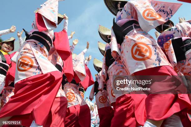 People perform Awa Dance in Tokushima City, Tokushima Prefecture in western Japan on Jun. 29, 2018.