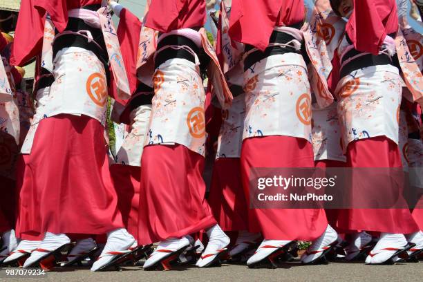 People perform Awa Dance in Tokushima City, Tokushima Prefecture in western Japan on Jun. 29, 2018.