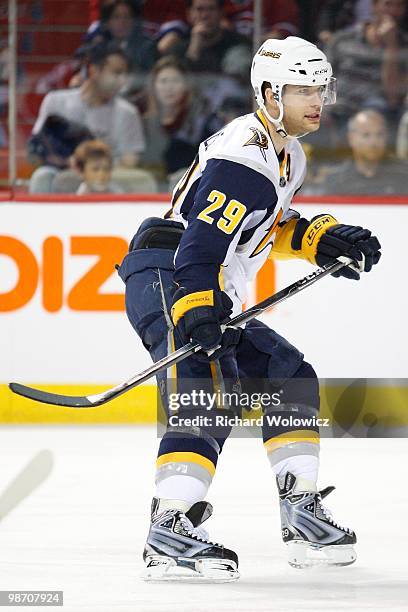 Jason Pominville of the Buffalo Sabres skates during the NHL game against the Montreal Canadiens on April 3, 2010 at the Bell Centre in Montreal,...