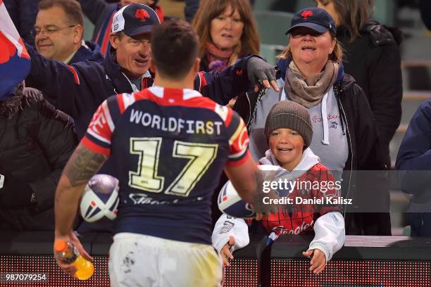 Fans enjoy the atmosphere during the round 16 NRL match between the Sydney Roosters and the Melbourne Storm at Adelaide Oval on June 29, 2018 in...