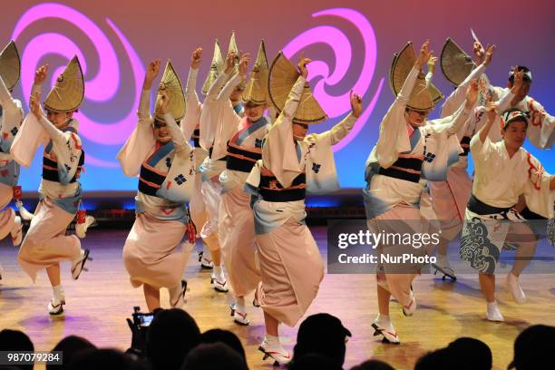 People perform Awa Dance in Tokushima City, Tokushima Prefecture in western Japan on Jun. 29, 2018.