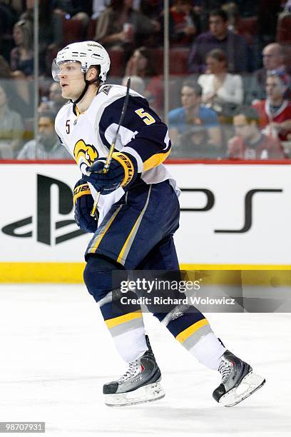 Toni Lydman of the Buffalo Sabres skates during the NHL game against the Montreal Canadiens on April 3, 2010 at the Bell Centre in Montreal, Quebec,...