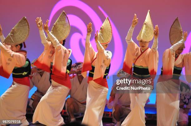 People perform Awa Dance in Tokushima City, Tokushima Prefecture in western Japan on Jun. 29, 2018.