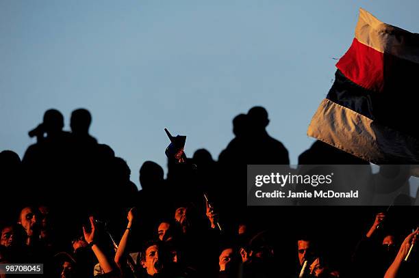 Lyon fans cheer on their team during the UEFA Champions League semi final second leg match between Olympique Lyonnais and Bayern Muenchen at the...