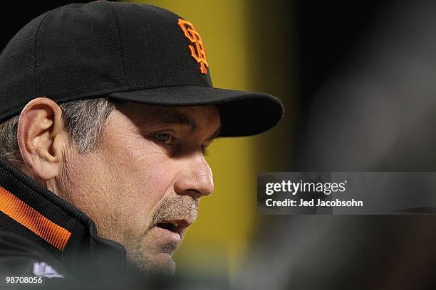 Manager Bruce Bochy of the San Francisco Giants looks on against the Philadelphia Phillies during an MLB game at AT&T Park on April 26, 2010 in San...