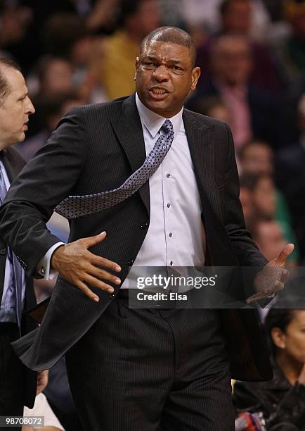 Head coach Doc Rivers of the Boston Celtics reacts after a foul was not called against the Miami Heat during Game Five of the Eastern Conference...