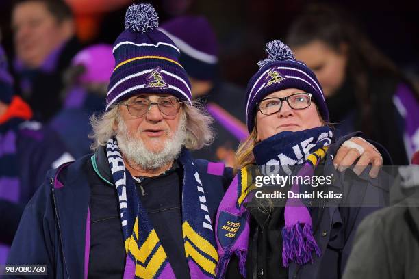 Fans enjoy the atmosphere during the round 16 NRL match between the Sydney Roosters and the Melbourne Storm at Adelaide Oval on June 29, 2018 in...