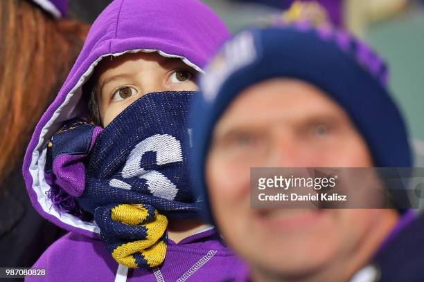 Fans enjoy the atmosphere during the round 16 NRL match between the Sydney Roosters and the Melbourne Storm at Adelaide Oval on June 29, 2018 in...