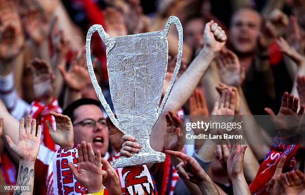 Bayern Muenchen cheer on their team during the UEFA Champions League semi final second leg match between Olympique Lyonnais and Bayern Muenchen at...