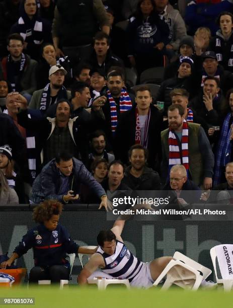 Patrick Dangerfield of the Cats falls near the fence during the 2018 AFL round15 match between the Western Bulldogs and the Geelong Cats at Etihad...