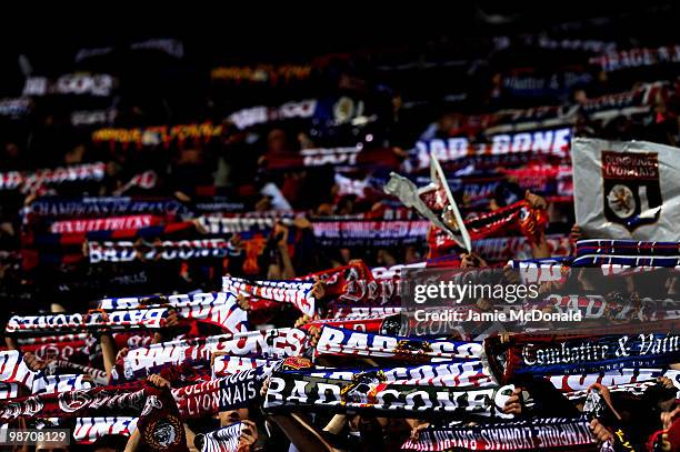 Lyon Fans cheer on their team during the UEFA Champions League semi final second leg match between Olympique Lyonnais and Bayern Muenchen at the...