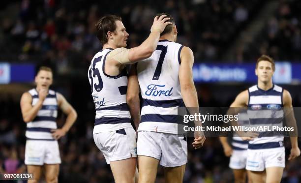 Harry Taylor of the Cats is consoled baby teammate Patrick Dangerfield after a missed shot on goal after the siren that would have won the match...
