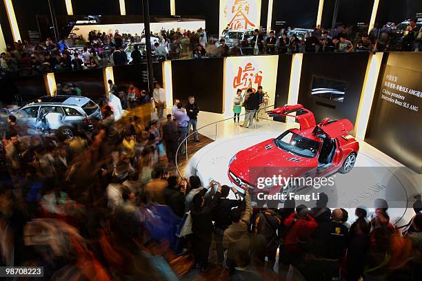 The China premiere display of Mercedes-Benz SLS AMG car is seen during the Beijing Auto Show on April 27, 2010 in Beijing of China. Major global...