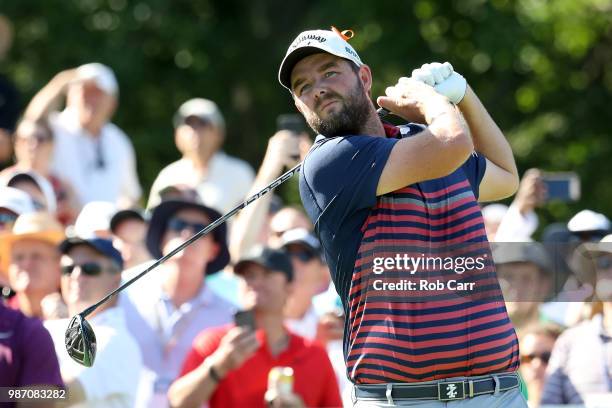 Marc Leishman of Australia hits off the 14th tee during the second round of the Quicken Loans National at TPC Potomac on June 29, 2018 in Potomac,...