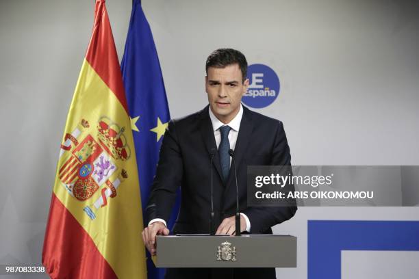 Spain's Prime Minister Pedro Sanchez gives a press conference on the sidelines of an European Union leaders' summit, without Britain, to discuss...