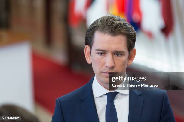 Austrian Chancellor Sebastian Kurz talks to the media at the end of an EU Summit at European Council on June 29, 2018 in Brussels, Belgium.