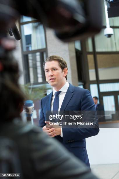 Austrian Chancellor Sebastian Kurz talks to the media at the end of an EU Summit at European Council on June 29, 2018 in Brussels, Belgium.