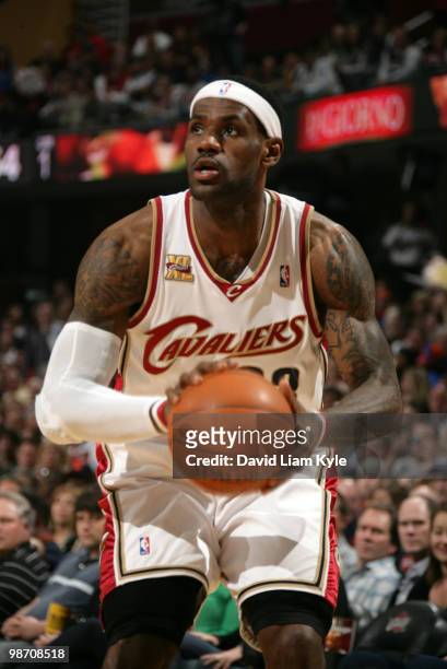 LeBron James of the Cleveland Cavaliers prepares to shoot the jumper against the Chicago Bulls in Game Five of the Eastern Conference Quarterfinals...