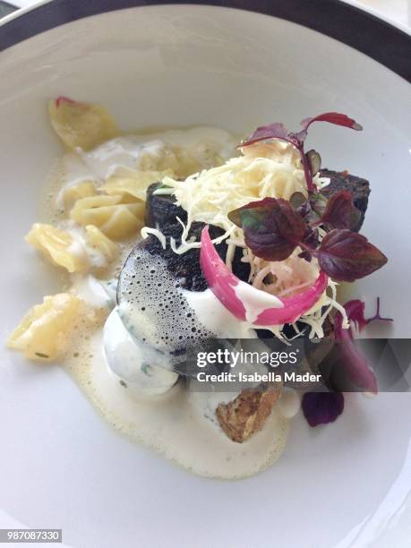black sausage (blutwurst) fine cuisine style - blutwurst stockfoto's en -beelden