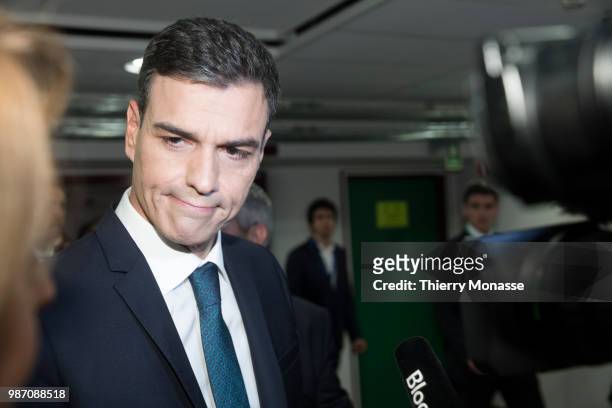 Prime Minister of Spain Pedro Sanchez talks to the media at the end of an EU Summit at European Council on June 29, 2018 in Brussels, Belgium.