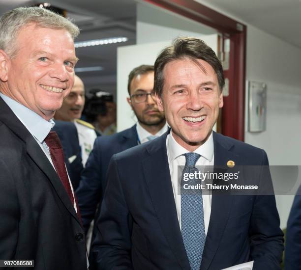 Italy's prime minister Giuseppe Conte talks to the media at the end of an EU Summit at European Council on June 29, 2018 in Brussels, Belgium.