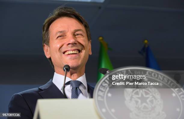 Giuseppe Conte, Prime Minister of Italy, speaks with media during the final press conference at the EU Council Meeting at European Parliament on June...