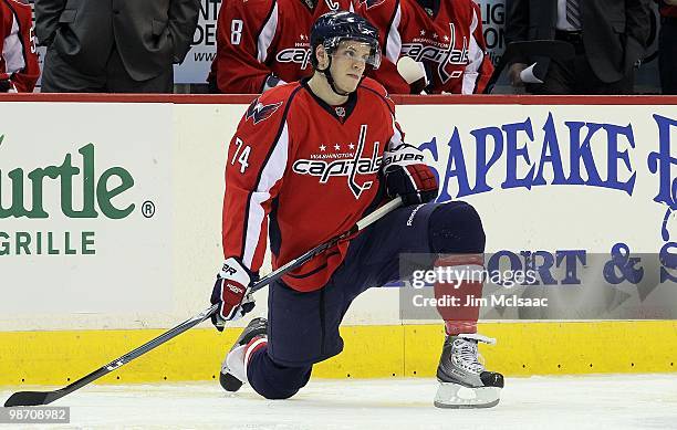 John Carlson of the Washington Capitals skates against the Montreal Canadiens in Game Five of the Eastern Conference Quarterfinals during the 2010...