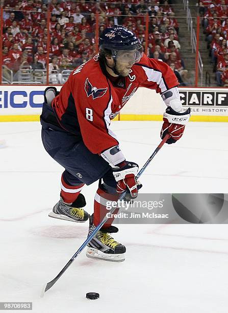 Alex Ovechkin of the Washington Capitals skates against the Montreal Canadiens in Game Five of the Eastern Conference Quarterfinals during the 2010...