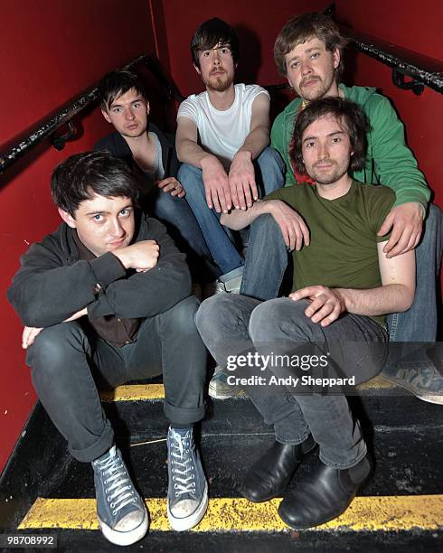 Conor J. O'Brian, Danny Snow, James Byrne, Cormac Curran and Tommy McLaughlin of Irish indie folk band Villagers pose for photos backstage at Madame...