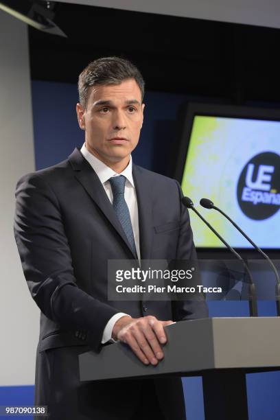 Pedro Sanchez Perez-Castejon, Prime Minister of Spain, speaks with media during the final press conference at the EU Council Meeting at European...