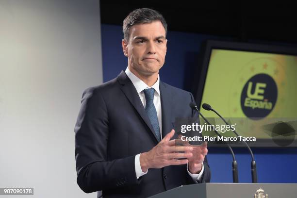 Pedro Sanchez Perez-Castejon, Prime Minister of Spain, speaks with media during the final press conference at the EU Council Meeting at European...