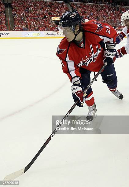 Alexander Semin of the Washington Capitals skates against the Montreal Canadiens in Game Five of the Eastern Conference Quarterfinals during the 2010...