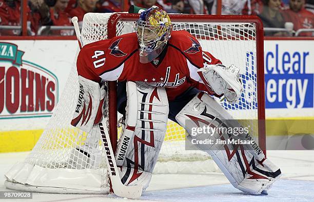 Semyon Varlamov of the Washington Capitals defends against the Montreal Canadiens in Game Five of the Eastern Conference Quarterfinals during the...