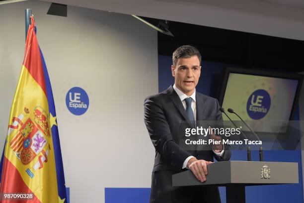 Pedro Sanchez Perez-Castejon, Prime Minister of Spain, speaks with media during the final press conference at the EU Council Meeting at European...