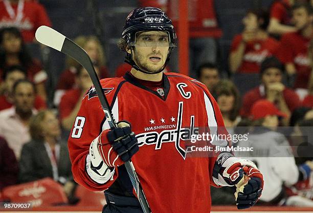 Alex Ovechkin of the Washington Capitals looks on against the Montreal Canadiens in Game Five of the Eastern Conference Quarterfinals during the 2010...