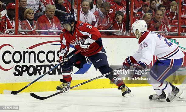 Josh Gorges of the Montreal Canadiens defends against Alex Ovechkin of the Washington Capitals in Game Five of the Eastern Conference Quarterfinals...