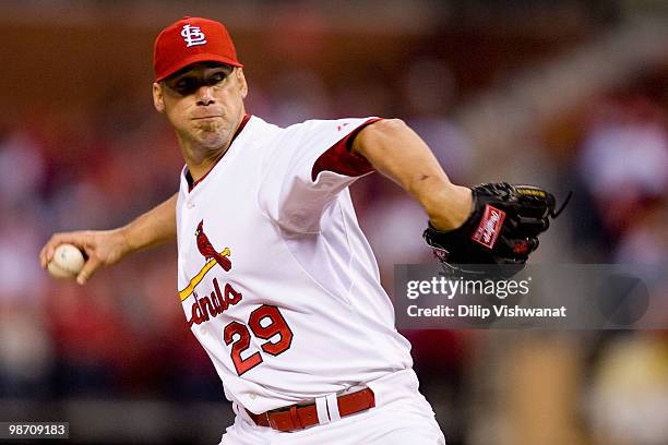 Starting pitcher Chris Carpenter of the St. Louis Cardinals throws against the Atlanta Braves at Busch Stadium on April 27, 2010 in St. Louis,...