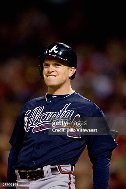 Nate McLouth of the Atlanta Braves reacts to striking out against the St. Louis Cardinals at Busch Stadium on April 27, 2010 in St. Louis, Missouri.