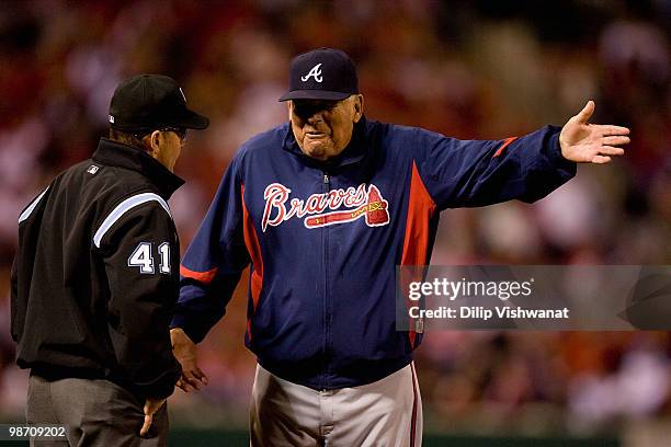 Manager Bobby Cox of the Atlanta Braves argues a call with third base umpire Jerry Meals against the St. Louis Cardinals at Busch Stadium on April...
