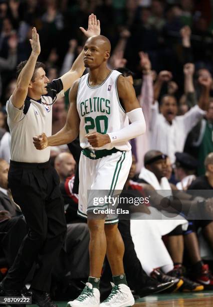Ray Allen of the Boston Celtics celebrates his three point basket in the fourth quarter against the Miami Heat during Game Five of the Eastern...