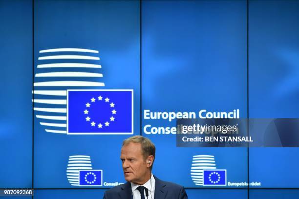 European Council President Donald Tusk gives a joint press conference with President of the European Commission and Bulgaria's Prime Minister on the...